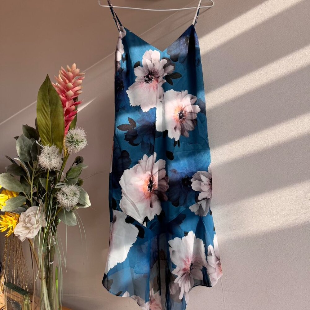Marciano Floral Satin Slip Dress – Blue & Pink